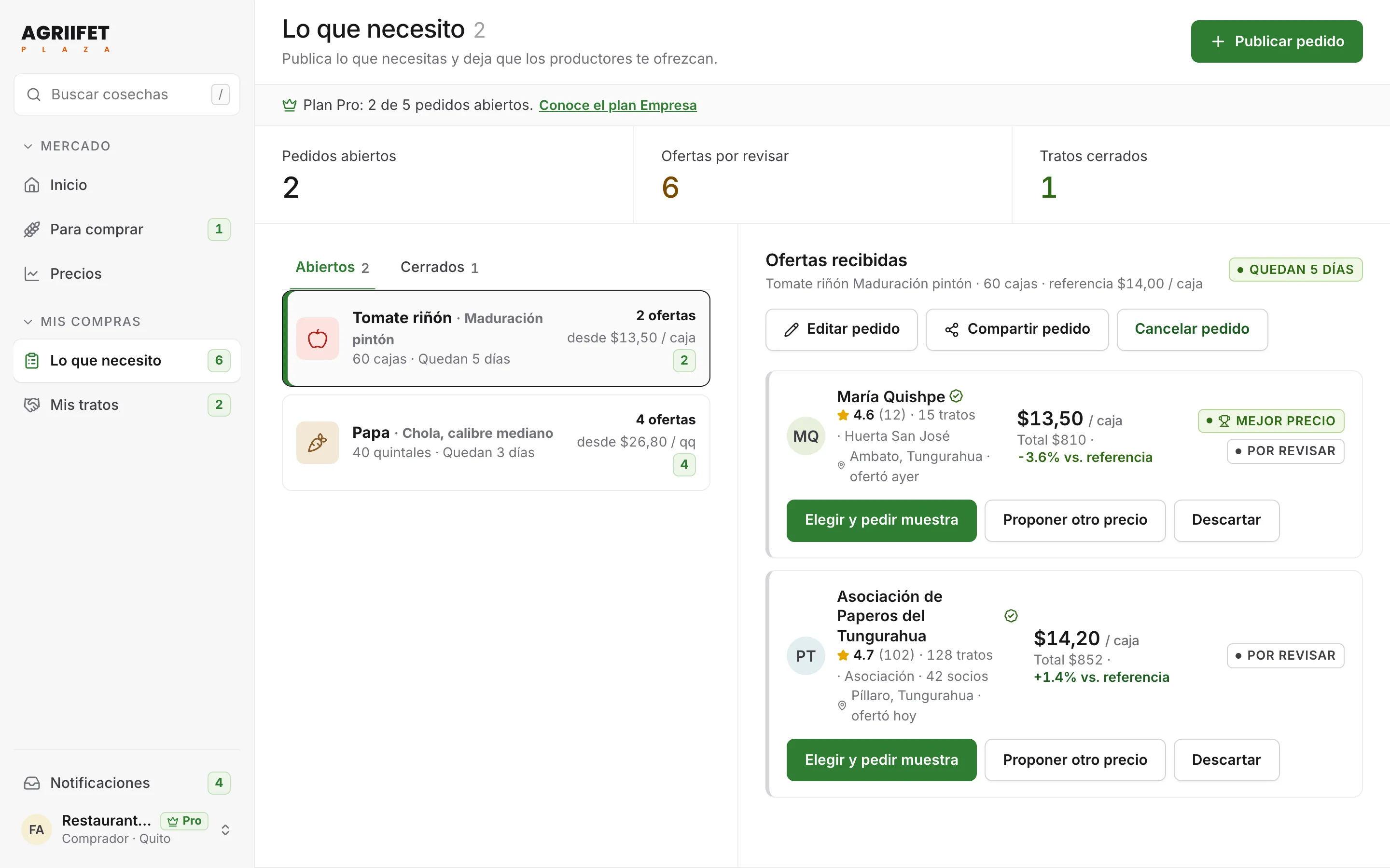Pantalla del comprador en Agriifet Plaza con las ofertas recibidas para su pedido